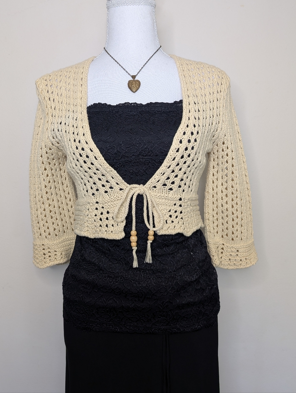 Collection XIIX Cream Cropped Tie-Front Open-Knit Cardigan